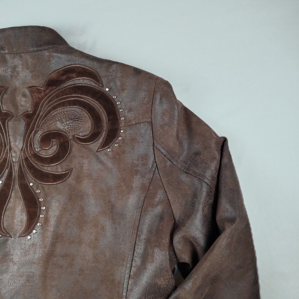 Reba Women's Faux Vegan Leather Jacket Sz L Studded Brown Western Zipper - Picture 12 of 16